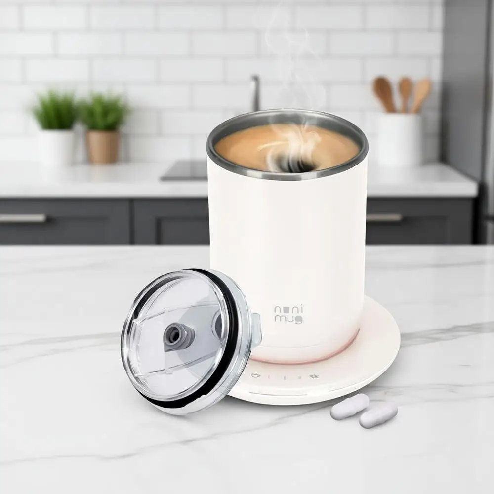 

Stirring Coffee Mug - 10 Oz, Smart Dual Function, 3 Temperature Levels, Stir & Heat Beverages, 12V Airtight Lid, Electric Cup in