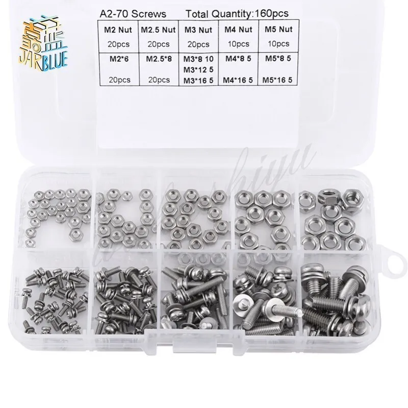 

160Pcs M2 M2.5 M3 M4 M5 Pan Head Nuts Assortment Kit Stainless Steel Cross Hex Nut Fastener Screws Hardware