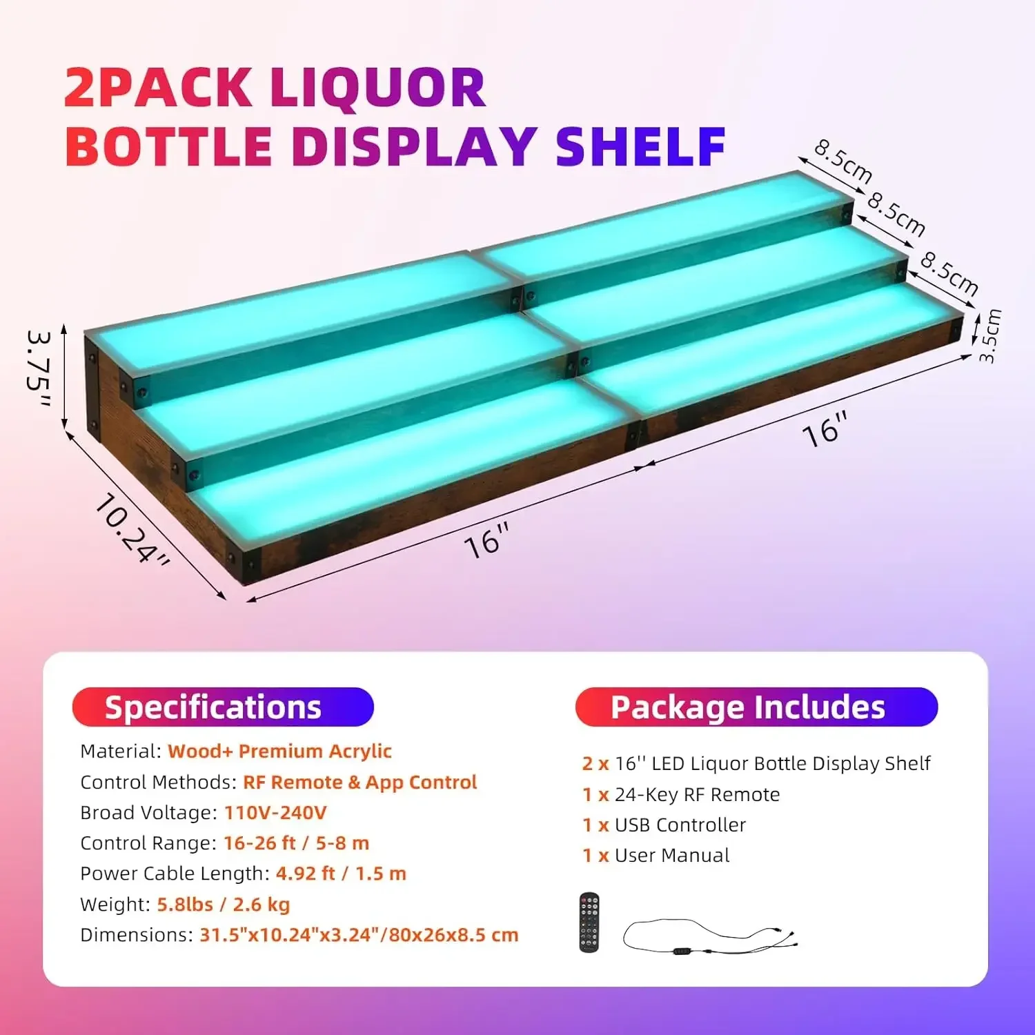 2-Pack 16‘’ LED Lighted Liquor Display, 3-Tier 30Inch Total Bar Shelves for Liquor Bottle, Illuminated Home Bar Shelf with RF &