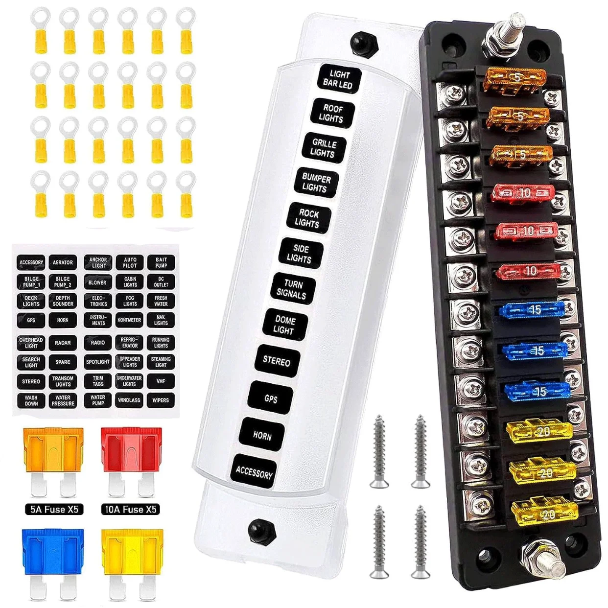 12 Way 12V Marine Blade Fuse Block with LED Indicator and Negative Bus ATC/ATO Waterproof Fuse Panel for Boat RV Car
