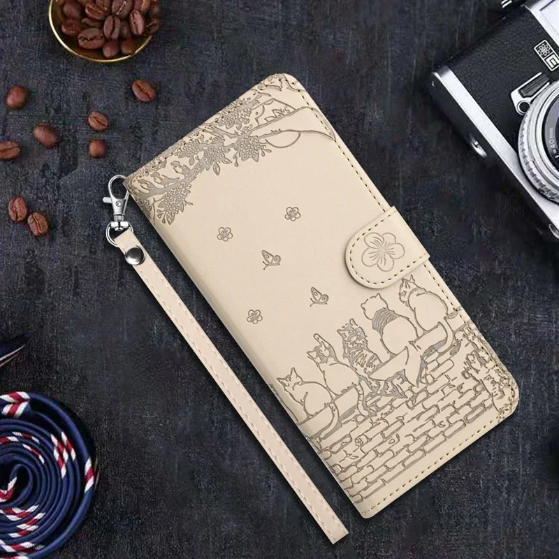 Wallet Cat Embossed Flip Over Leather Case For Samsung Galaxy S25 Ultra S24 Plus S23 S22 S21 S20 FE A06 A14 A15 A16 A35 A54 A55