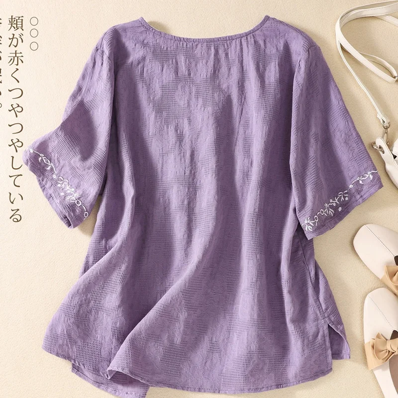 Summer New V-neck Fashion Short Sleeve T-shirt Women High Street Chinese Style Elegant Pullovers Embroidered Cotton Hemp Tops