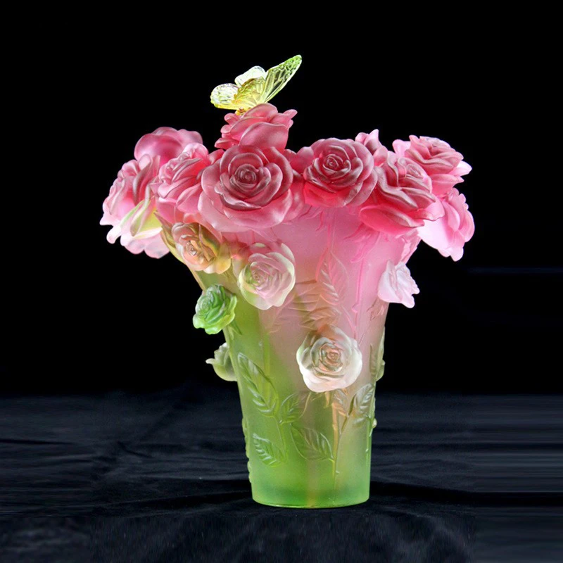 

Brilliant Crystal Roses Decoration Colored Glaze Butterfly Flowers Vase Arrangements Premium Home Living Room Figurine Ornament