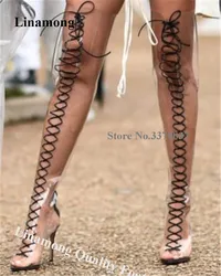 PVC Over Knee Boots Linamong Sexy Clear Transparent Pointed Open Toe Stiletto Heel Slim Long Gladiator Boots Lace-up Party Heel