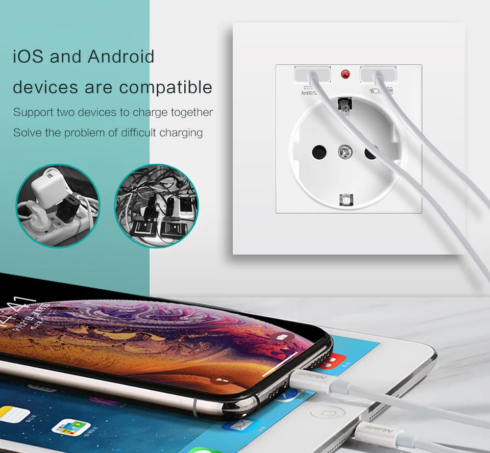 86 Soket Listrik Standar UE dengan Pengisi Daya USB 5V 2A Panel PC Tahan Api 86*86Mm Soket Dinding Usb