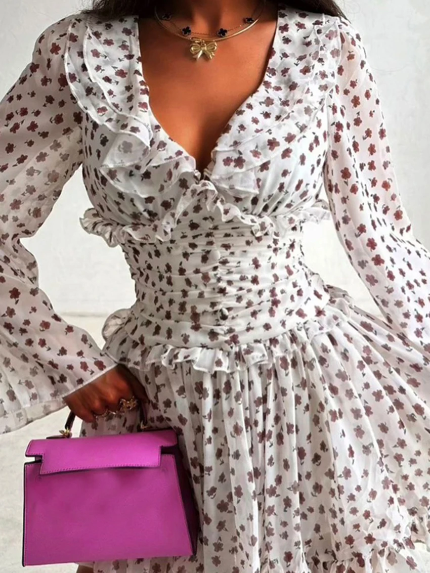 

Marthaqiqi Printing Women Nightwear Long Sleeve Sleepwear Waist-Cinching V-Neck Nightgown Mini Dress Winter Ladies Pajama Winter