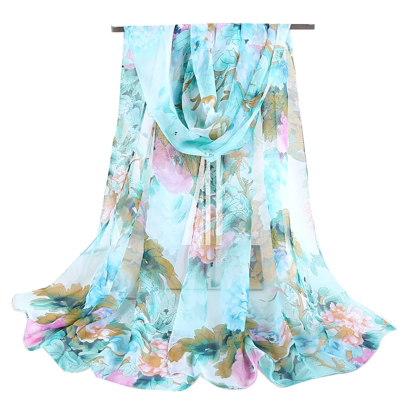 Lenço chiffon com folha de lótus e flor design para as mulheres, longo xale chiffon, elegante hijab para a praia, verão