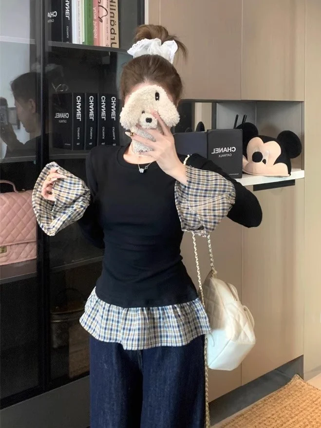 Cseta Fena de Manga Longa com Estampa Xadrez e Detalhes Florais, Estilo Coreano, E para o Dia a Dia