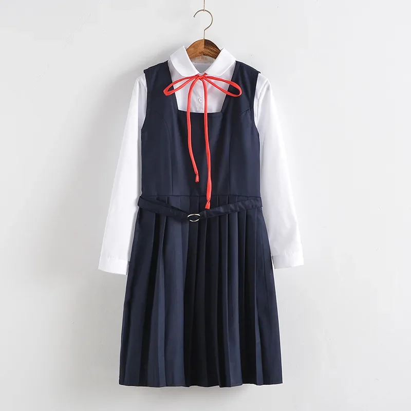 Uniforme scolaire japonais coréen pour filles, robes d'étudiant, haut blanc à manches longues, chemise Anime Form, jupe émaillée bleu marine, 2023