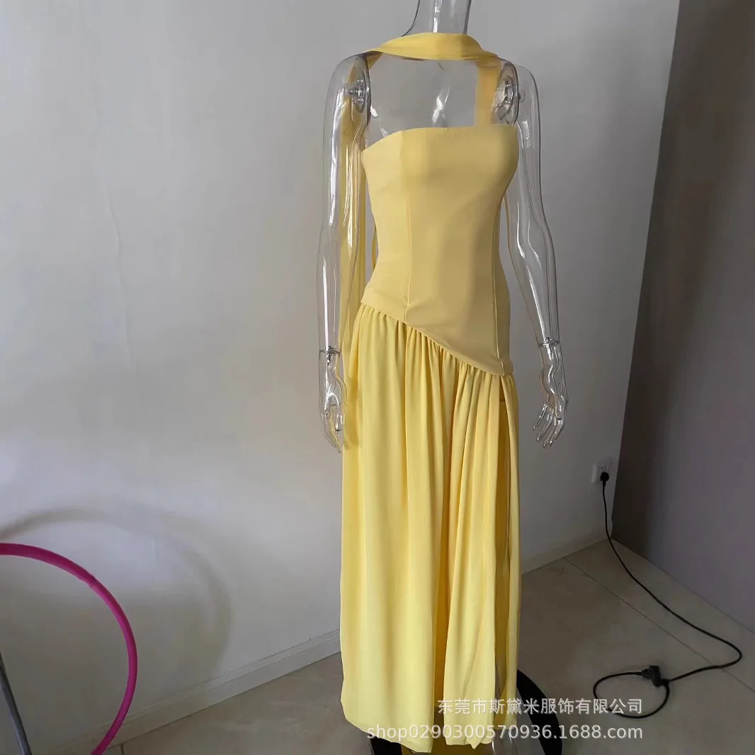 

2025 Temperament Contrasting Zipper Tight Dress Irregular Slit Sexy Long Dress European and American Women's Clothing