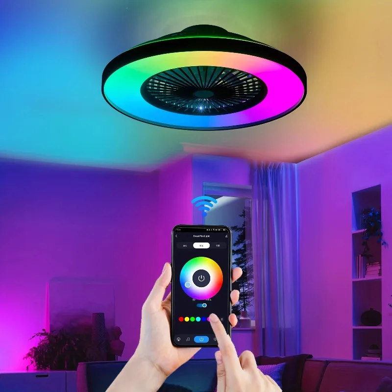 Silent Ceiling Fan Light with LED RGB Dimmable Color Changing Remote Control Smart Living Room Fan