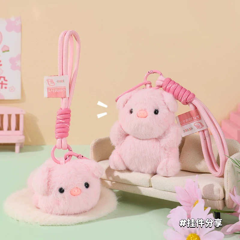 Cartoon Fluffy Pink Leaning Down Pig Doll Keychain Creative Soft Bag Pendant Knitted Rope Sitting Chubby Piggy Animal Keyring