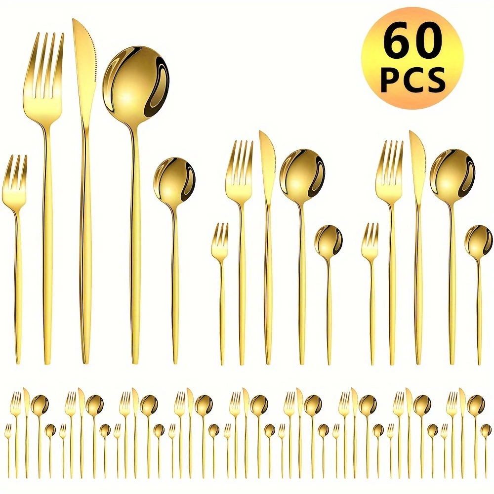 Elegant Stainless Steel Cutlery Set - Includes Knives, Forks, Soup Spoons, Dessert Forks and Spoons, Portuguese Tableware, Dishwasher Safe, Suitable for Home, Kitchen, Restaurant, Hotel, Party and Wedding, High-End Cutlery Set