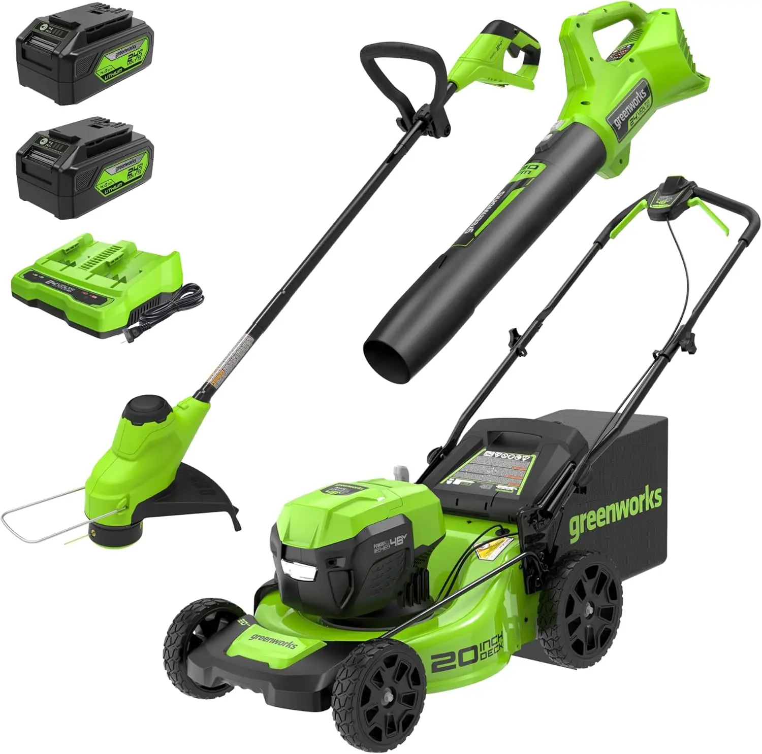 

2 x 24V 20" Brushless Cordless (Push) Lawn Mower + Blower (320 CFM) + 12" String Trimmer, (2) 5.0Ah Batteries and Cha