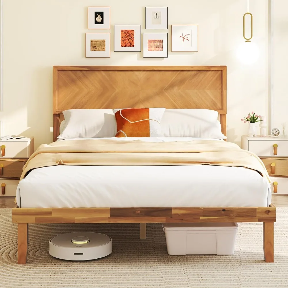 

Wood Full Size Bed Frame with Headboard, Solid Acacia Wood Platform Bed with 12 Strong Wooden Slat Support, Scandinavian