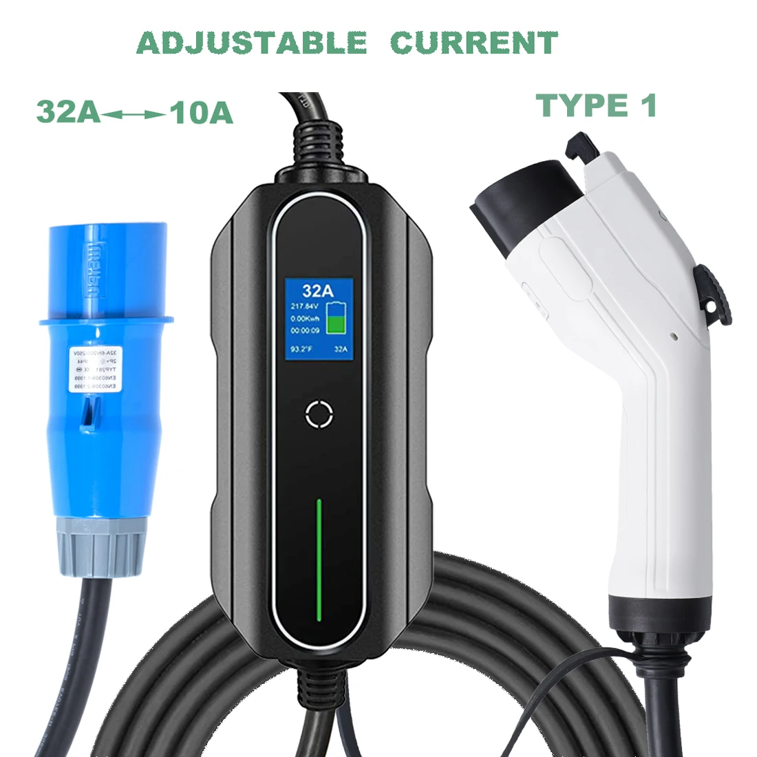 Portable EV Car Charger Type 1 J1772 Level 2 32A 1 Phase 7.2KW EVSE Adjustable Current Electric Vehicle Charger for Home 5Meters