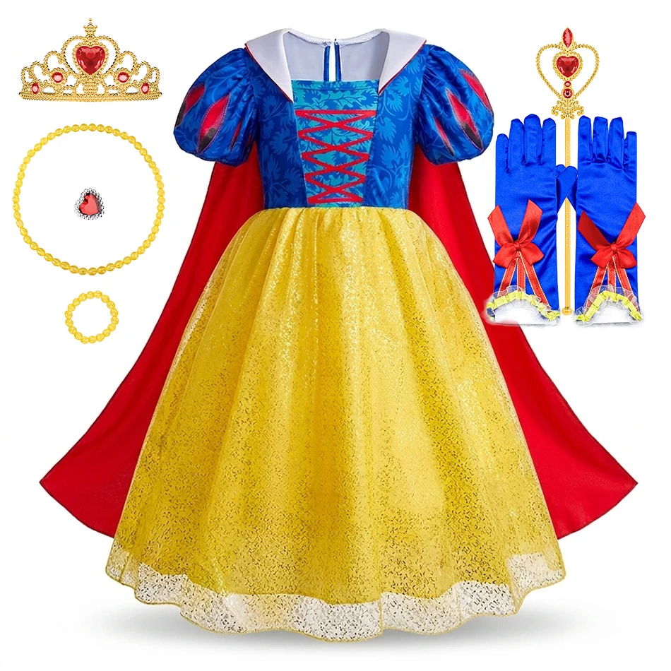 Girls Fairytale Princess Costume Dress Set with Cape Wand Gloves Kids Birthday Party Halloween Cosplay Outfit Book Week Dress Up