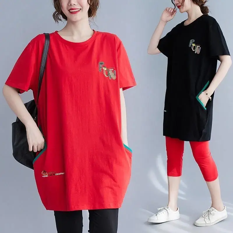 Fashion O-Neck Pockets Spliced Casual Printed T-Shirts Women\'s Clothing 2024 Summer New Oversized Korean Tops Commuter Tee Shirt