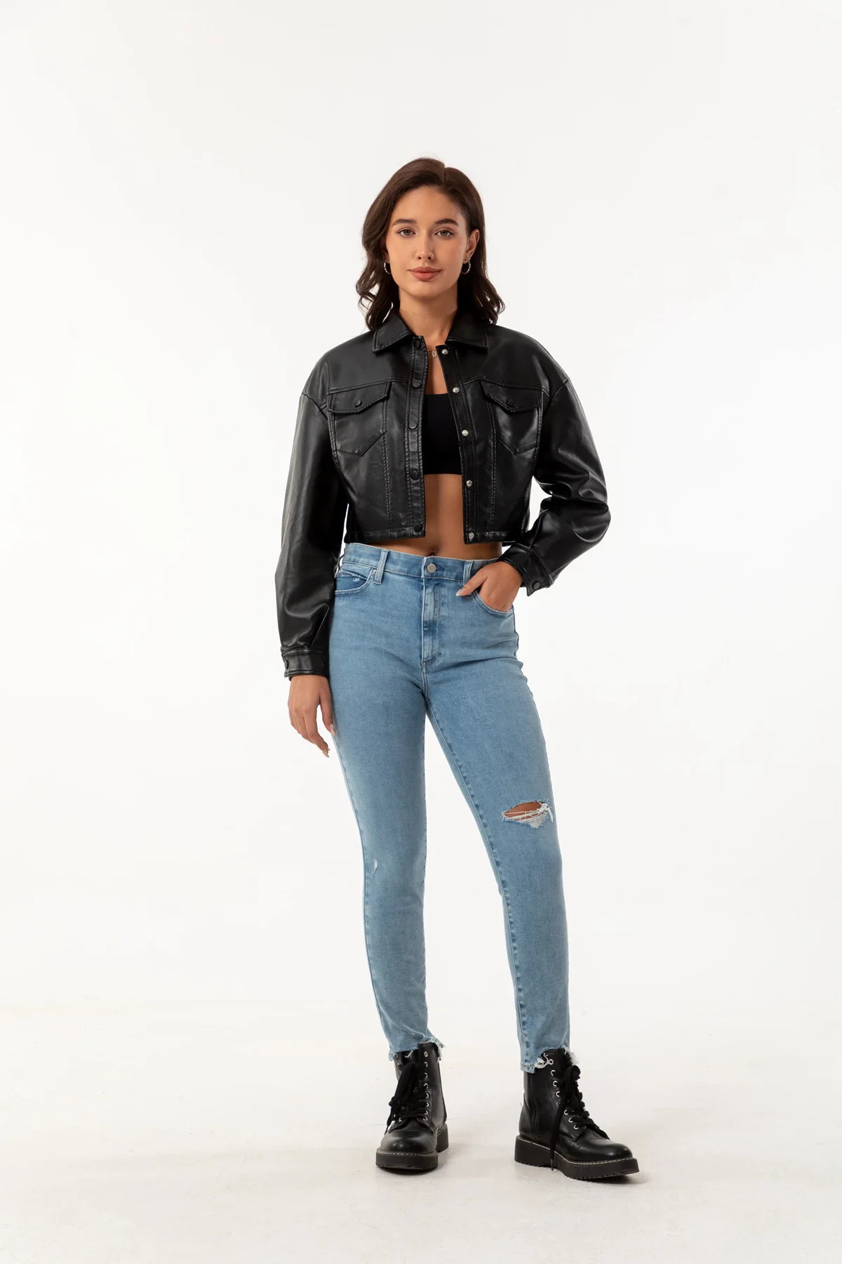 Blouson d'extérieur en cuir noir moto femme, fermeture éclair courte, col montant, printemps et automne 2024