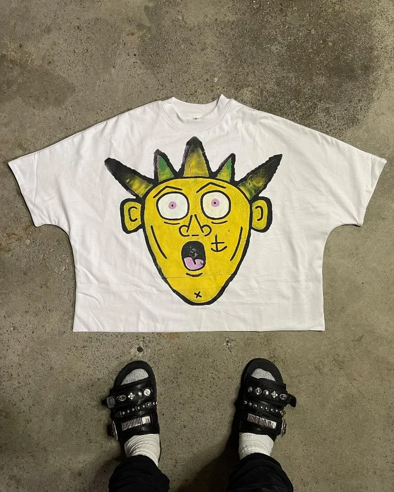 Y2K American vintage cartoon print short sleeve T-shirt Men Harajuku fashion High street couple oversized casual shirt