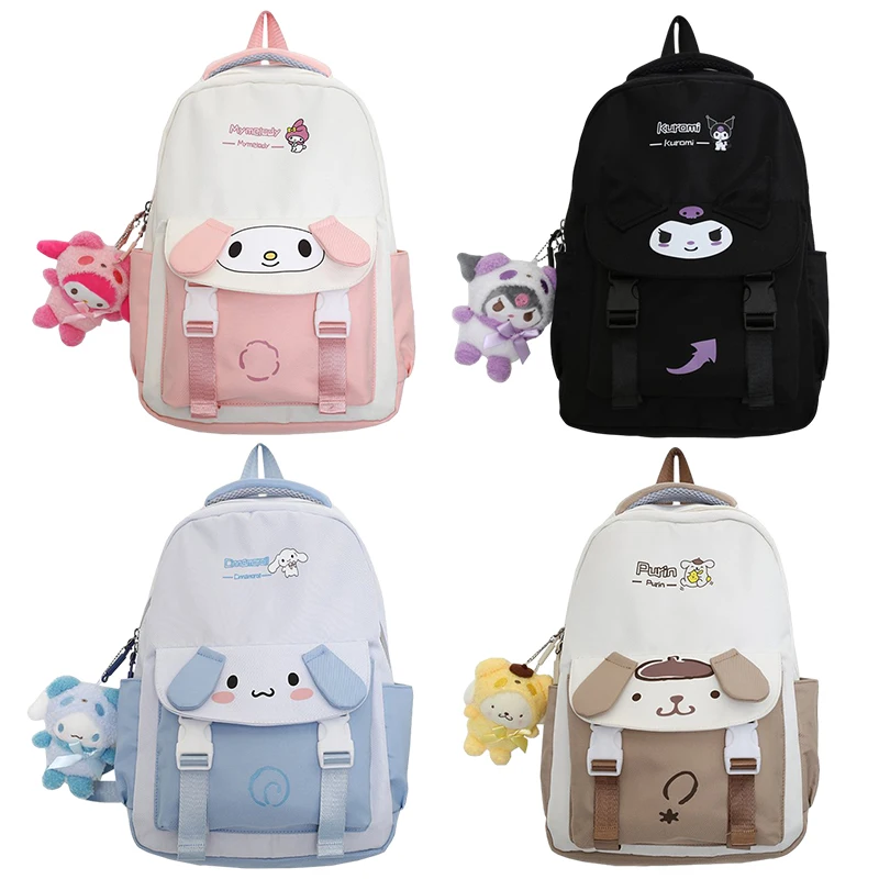 Mochila de nailon de Anime Sanrioed, bolso de hombro con melodía, Kuromi, Pompón, muñeca de dibujos animados, Lindo bolso escolar, regalo de