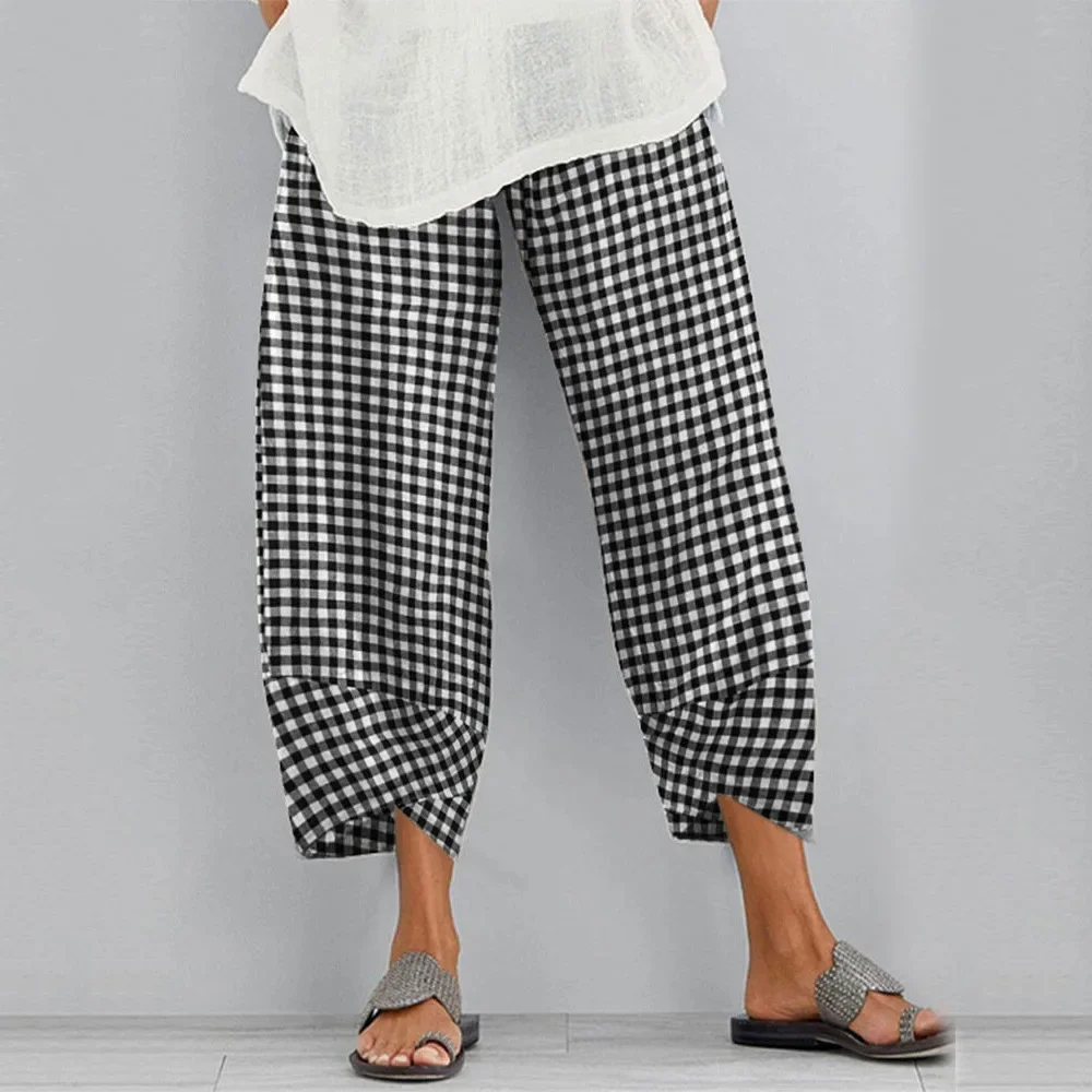 New Womens Sexy Cropped Pants with Checkered Panels Trousers Women