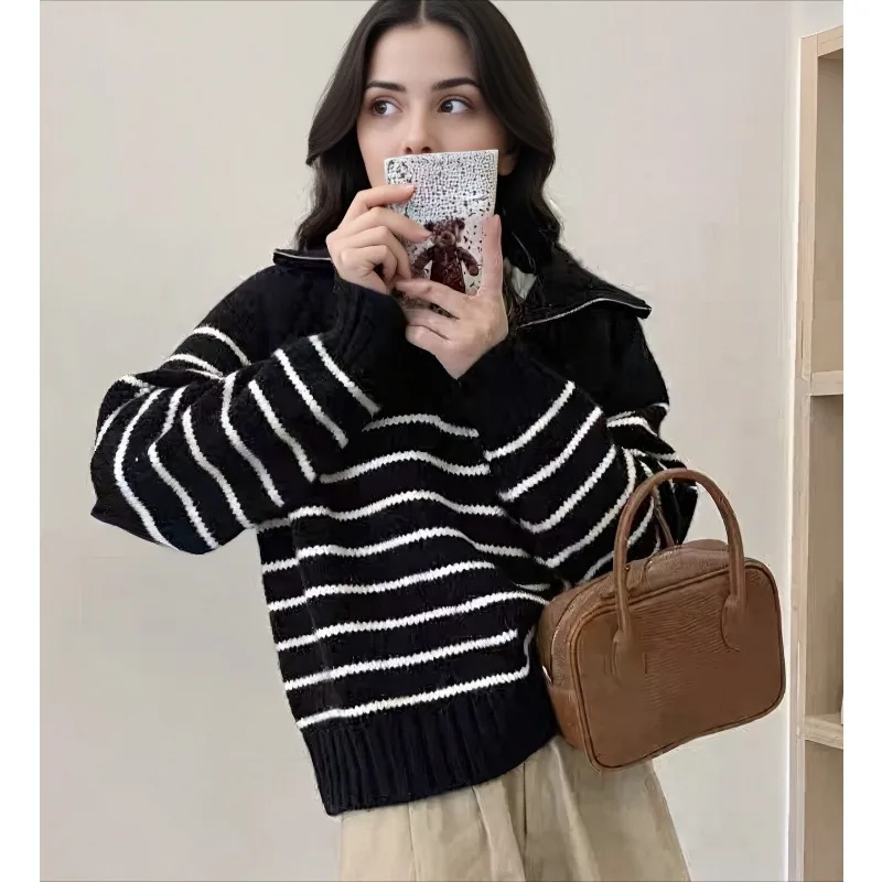 

Long Sleeve Versatile Striped Loose Short Knitted Sweater Autumn and Winter Korean New Fashion Half Zipper Women's Pullover Tops