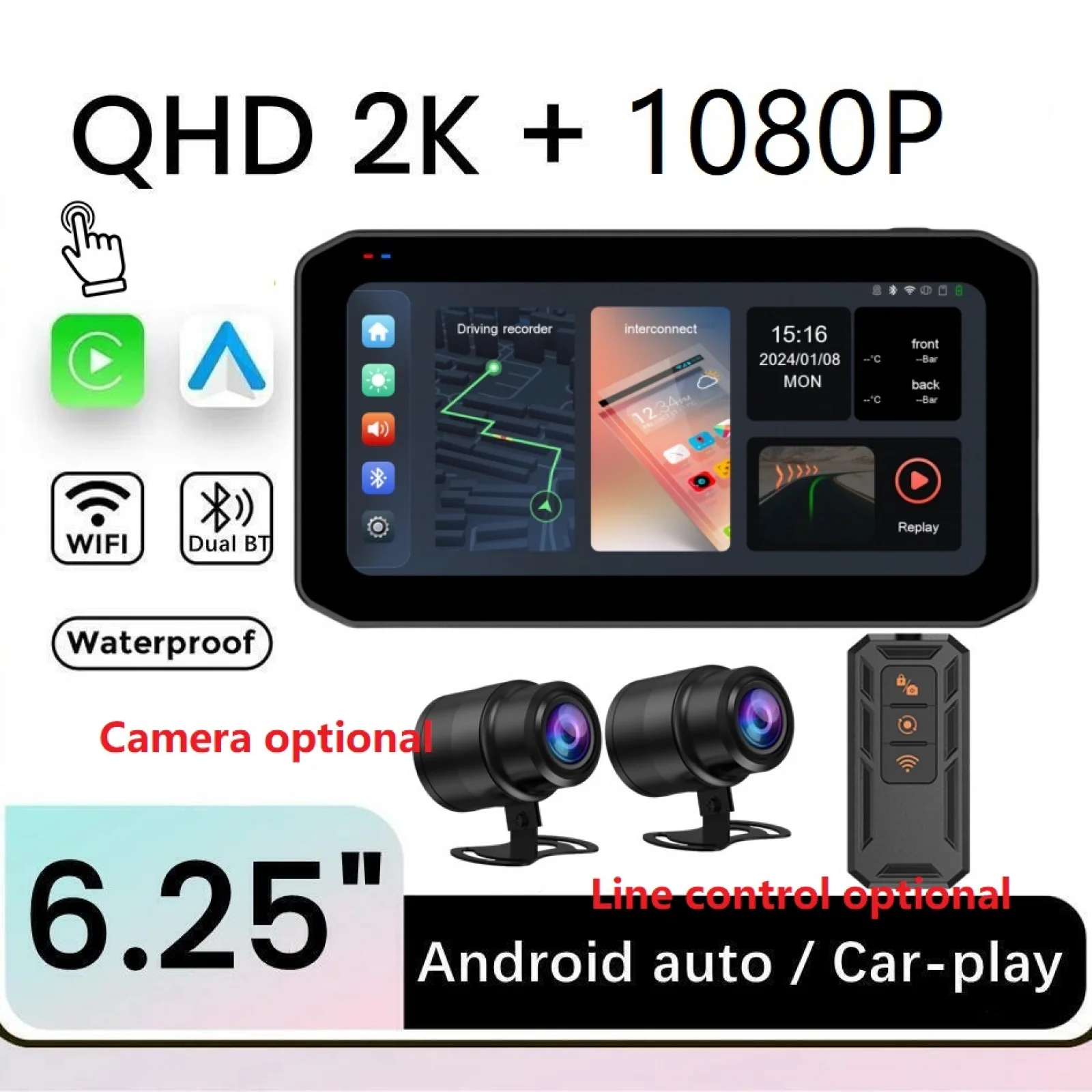 6,25-calowy motocykl CarPlay 1200nit Motocyklowy ekran nawigacyjny IP65 Wodoodporny Podwójny Bluetooth Bezprzewodowy CarPlay Android Auto