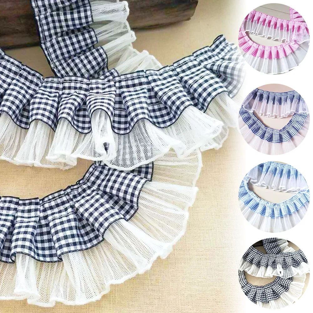 7CM Wide Plaid Pleated Cloth Tulle Lace Ruffle Ribbon Edge Trim For Collar Applique Sewing Guipure Supplies Sofa Curtain Diy