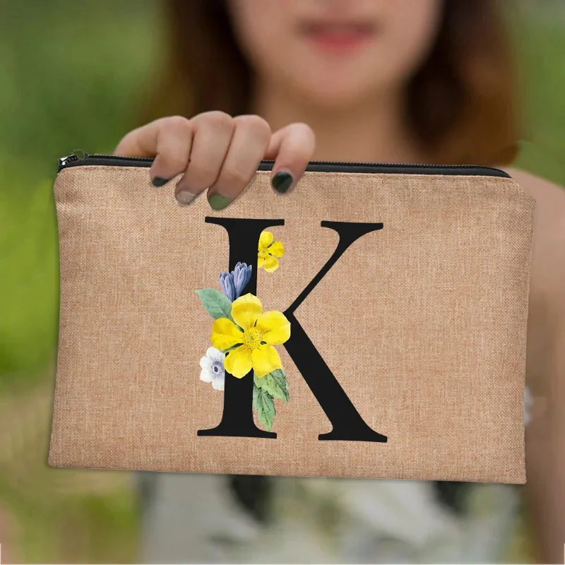 Floral Letter Print Women Linen Zipper Pouch Travel Organizer Case Mujer Bolsas Cosmetic Bag Makeup Bag Bridesmaid Makeup Bags