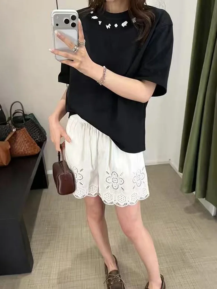 Elegant High Waist Cotton Linen Short Pants Embroidered Floral Window Frame Hollow out Design Ladies Straight Leg Trousers