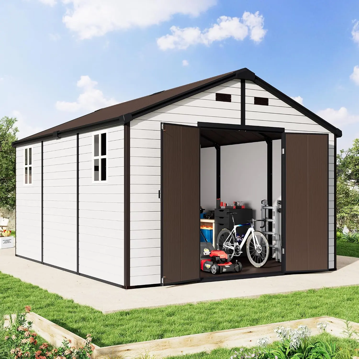 10x13.5x8 FT Gable Roof Resin Storage Shed with Floor, Customized