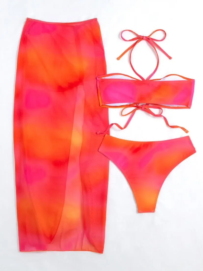 Vintage Orange Tie Dye Bikini Set Women Halter Bandage Cross Push Up Skirt 3 Piece Swimsuit Bathing Suit Cover Up Swimwear 2024