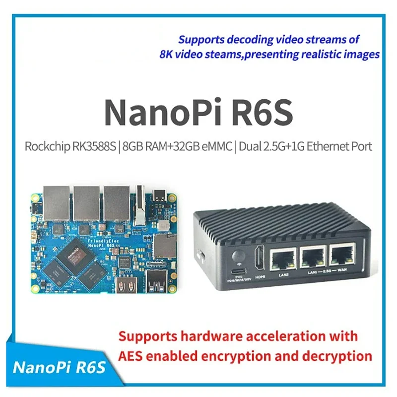 

NanoPi R6S Router RK3588S Cortex-A76, 8GB DDR4 32GB eMMc 2.5G eth ubuntu debian, FriendlyWrt , Android GPU VPU