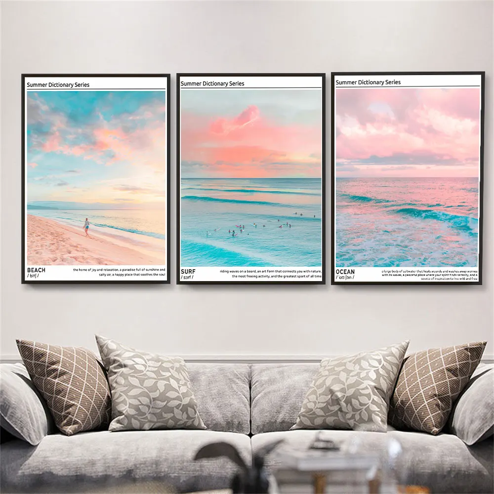 

Pastel Coastal Wall Art Set of 3 Colorful Beach Surf Ocean Canvas Print Decor Home Decoration Picture For Living Room Kids Gift