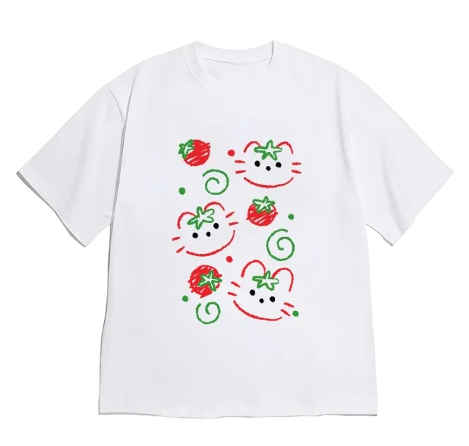 2026 New Fashion T-shirt Aesthetic Cute Cat Tomato Print Short Sleeve for Women Kids Minimalist Kitten Crew Neck Tee Versatile