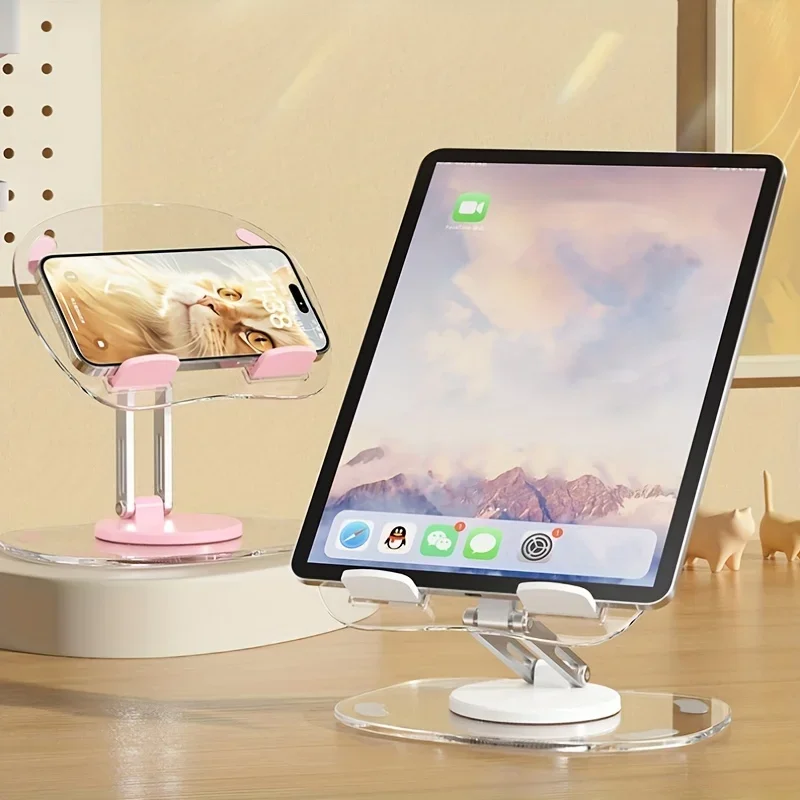 360° Rotating Mobile Transparent Phone Holder Multi-Functional Flat Support Stand Retractable Mobile Phone Stand Desktop Holder