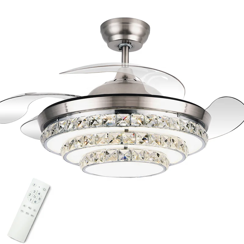 718 Crystal chandelier ceiling fans with light 42 inch 110v remote control retractable 220v lamp led luz con ventilador oculto