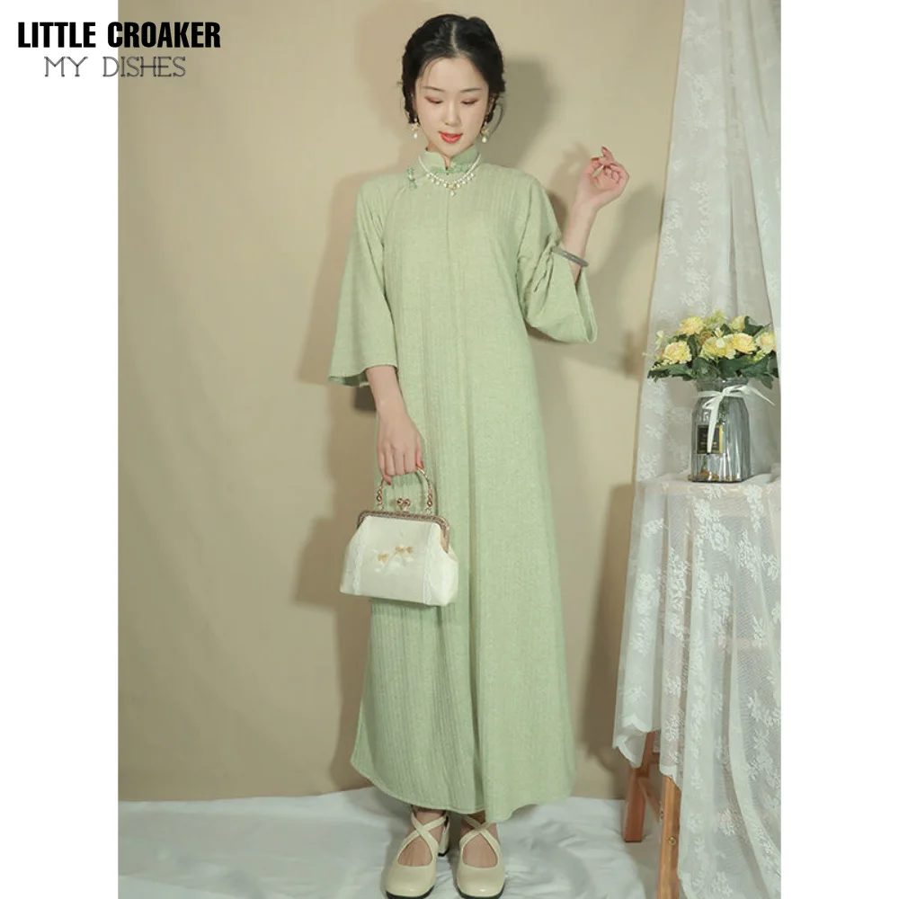 Qipao Dress Chinese Style Ancient Kimono Sleeve Spring Autumn Traditional Chinese Clothing Women Knitted Long Cheongsam