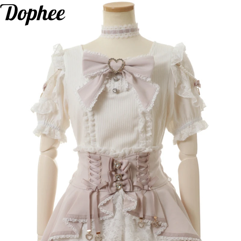 

Dophee Original Japan Style Short Sleeve Basic Shirt Spring Summer Pearl Beads Hollow Out Lace Off Shoulder Lolita Pullover Top