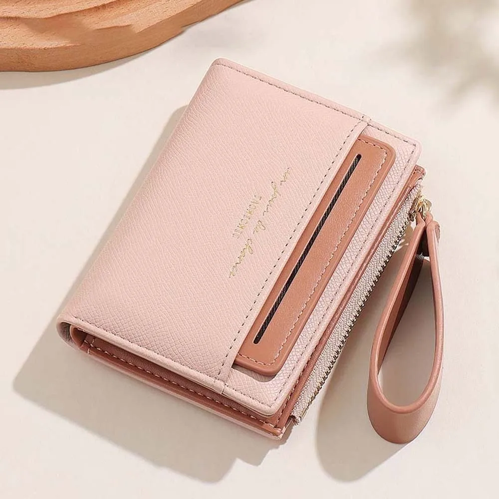 Storage Bag Portable Women Folding Wallet PVC Snap Button Solid Color Card Bag Korean Style Classic Lady Short PU Purse School