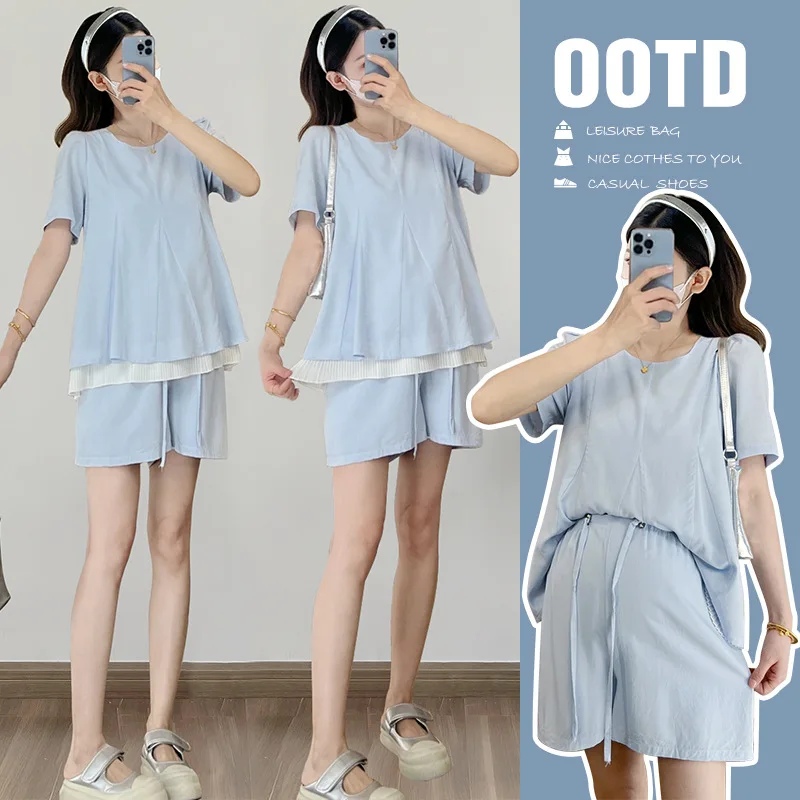 

2025 Summer Maternity Set: Fake Two-Piece Top + Shorts - Stylish & Relaxed Pregnancy Outfit for Petite to Plus-Size Moms