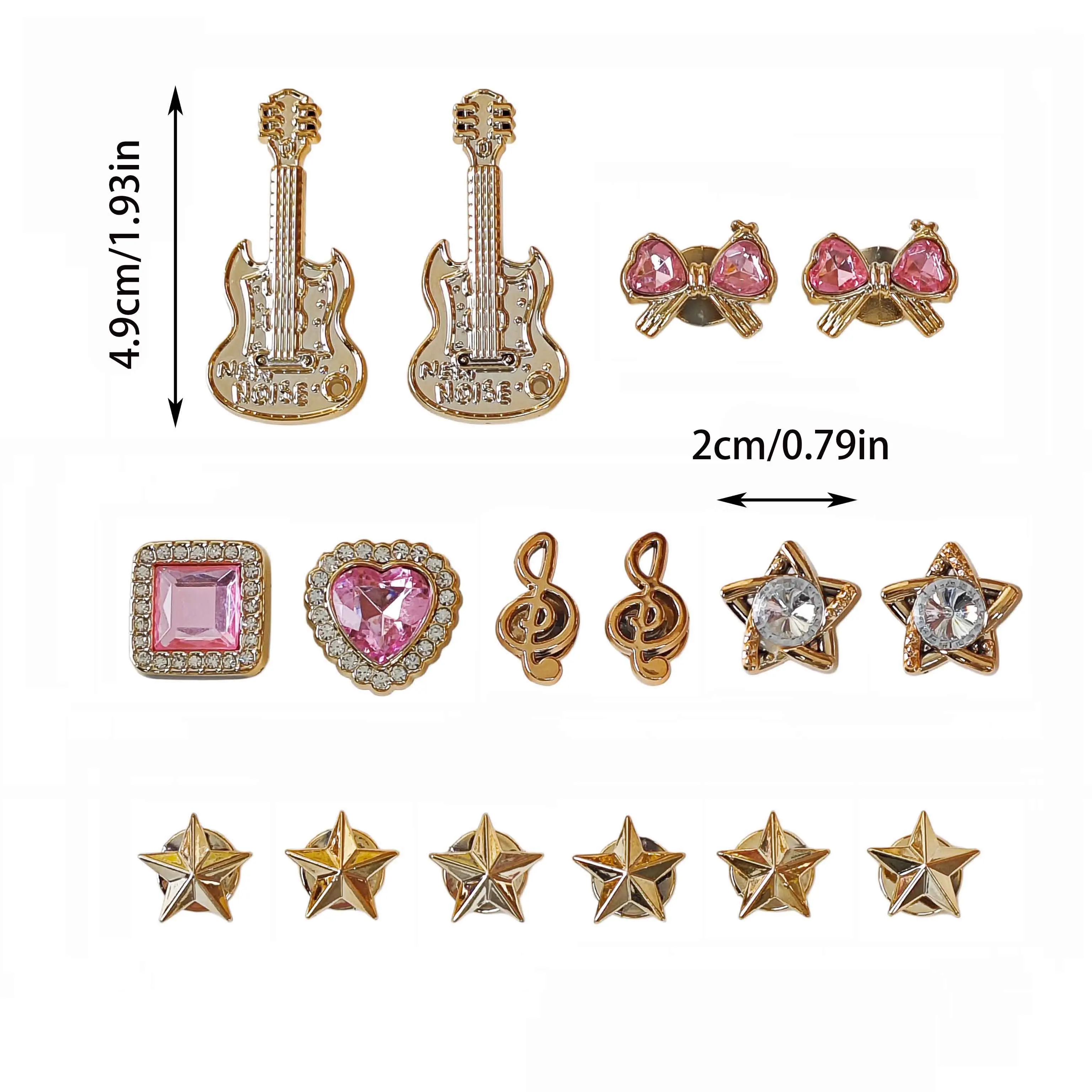 16Pcs DIY Shoe Decoration Charms: Shiny Guitar, Musical Notes, Pink Diamond Bow, Heart, Star Decorative Buckles. Non-Metallic Lightweight Material. Y2K Fashion Versatile Cute Personality Accessories for Men and Women. Suitable for Eva Beach Shoes, Sandals, Removable Shoe Decorations, Holiday Gifts