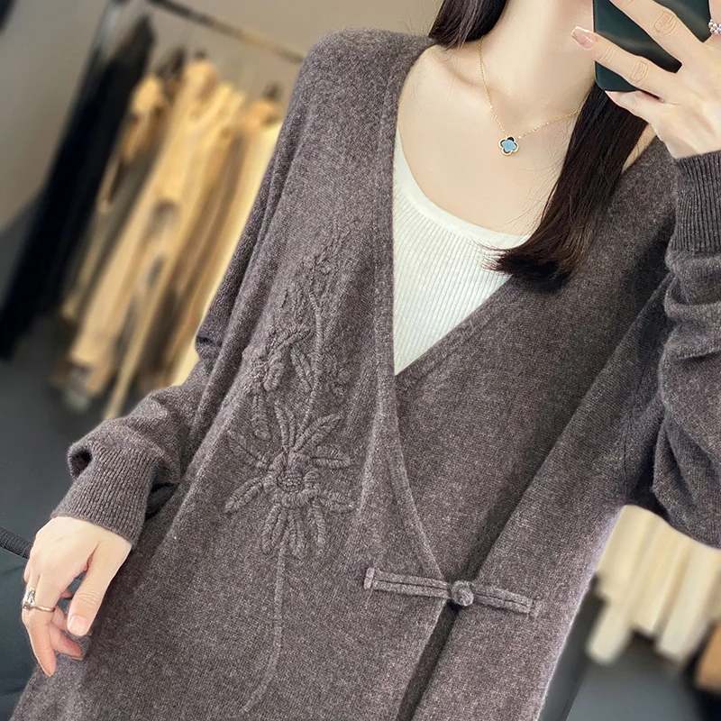 Chinese Style Dresses 100% Cashmere and Wool Knit V-neck Jumpers 2023 New Fashion Winter Lady  Pullovers NJ01