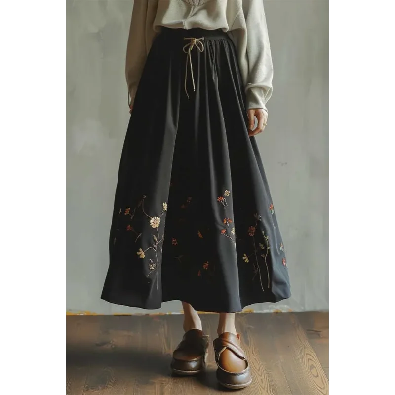 

Women's High Waist Maxi Skirt Elastic Waist Floral Embroidery Loose Fit Casual Elegant Bottoms