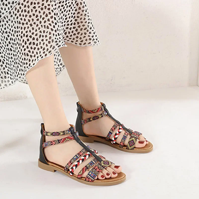 YAERNI 35-42 New Women\'s Large Sandals Summer Sandals Women\'s Bohemian Retro Beaded zipper Rhinestone Flat Shoe
