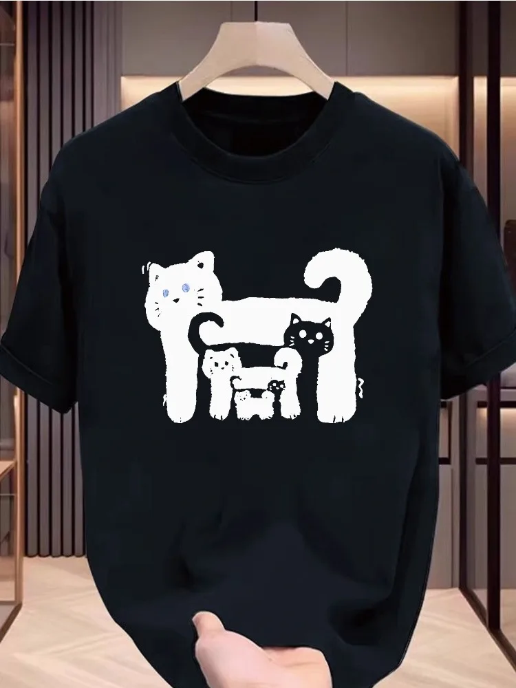 

Women's Pure Cotton Short Sleeved T-shirt with Black and White Cartoon Cat Pattern Print Fashionable Round Neck All Season Top