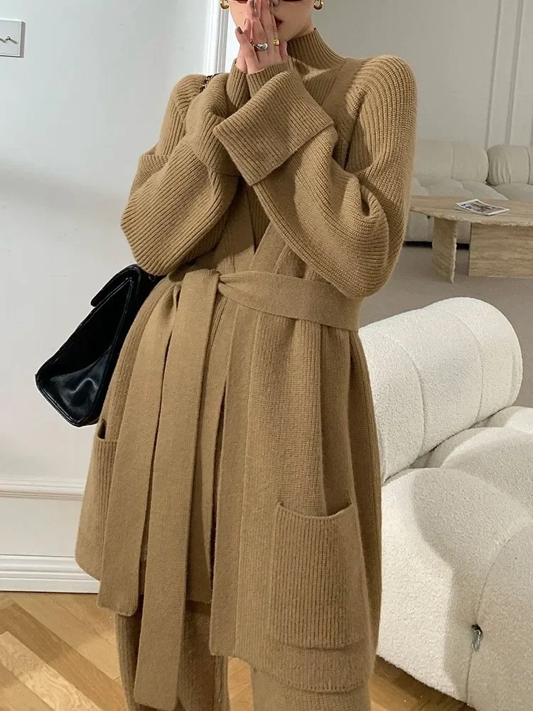 

Muslim Winter Women Knitted Three Pieces Sweater Suit Korean Jumper Cardigan Pants Sweater Set AbayaTracksuit Autumn Turtleneck