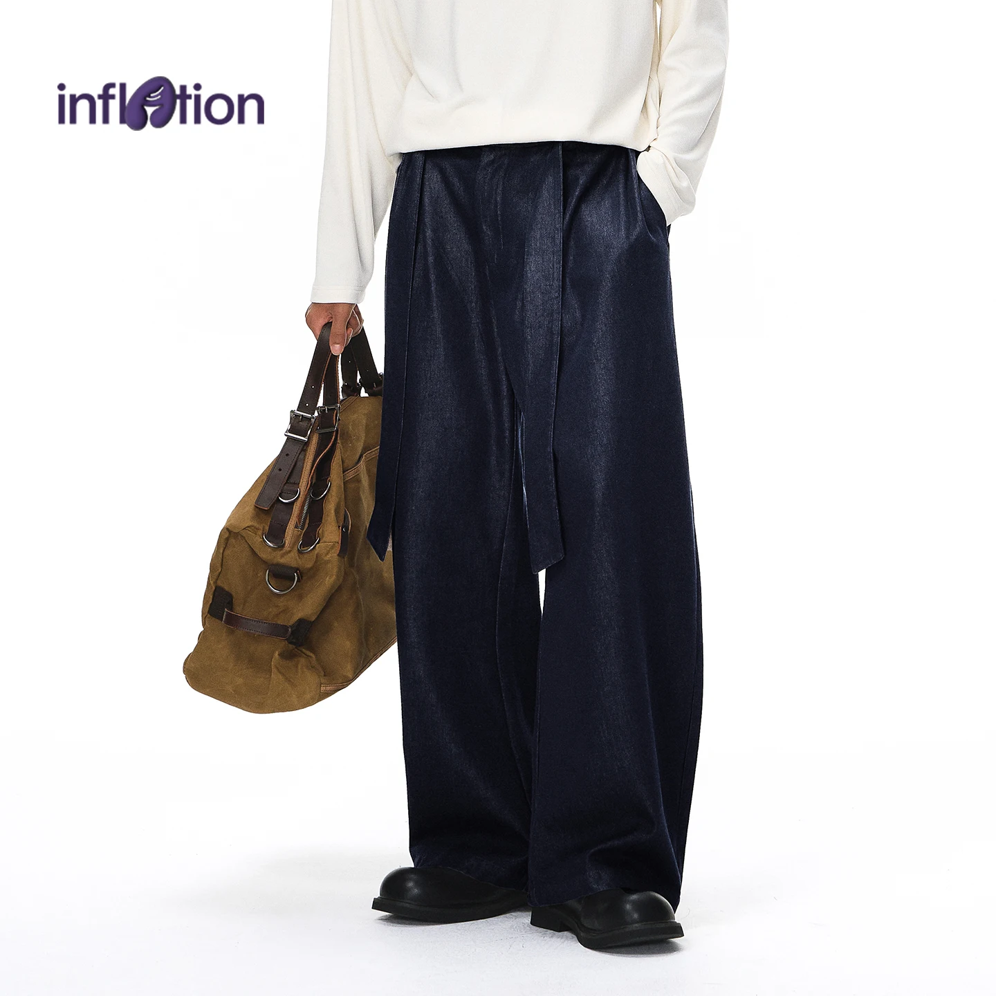 

INFLATION 2025 Autumn Men's Wide Leg Curved Hem Jeans American Retro Relaxed Denim Pants Streetwear Casual Trousers