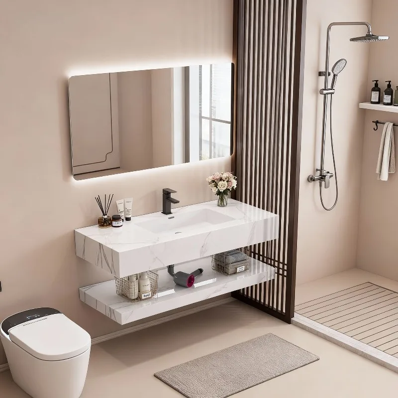 Luxury Modern Hotel-style Apartment Bathroom Shelf Set Marble Sink Smart Mirror Wall-mounted Dual Tier Shelf. Supports OEM/ODM